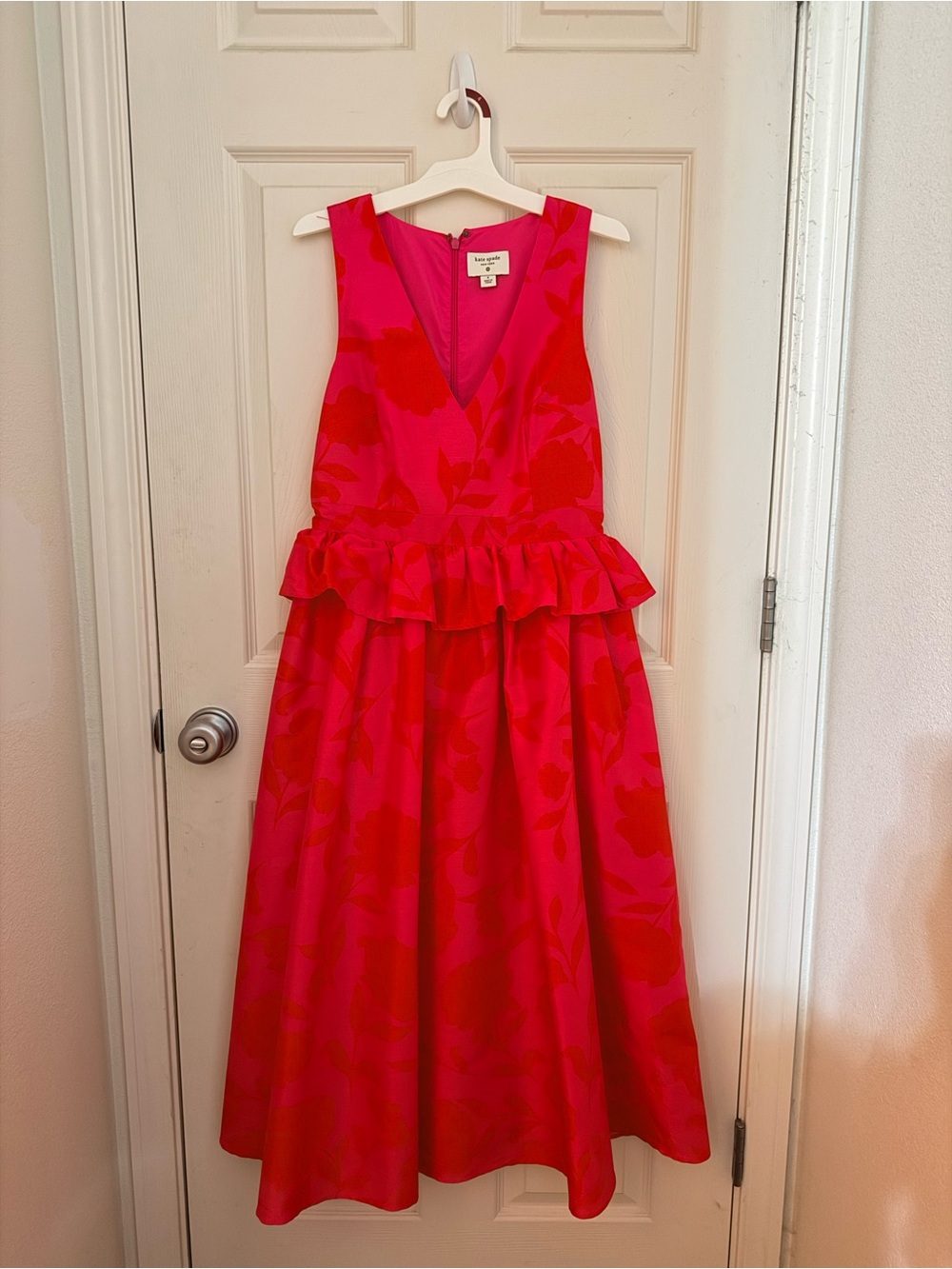 kate spade V-Neck Pink and Red Floral Ruffle Waist Dress